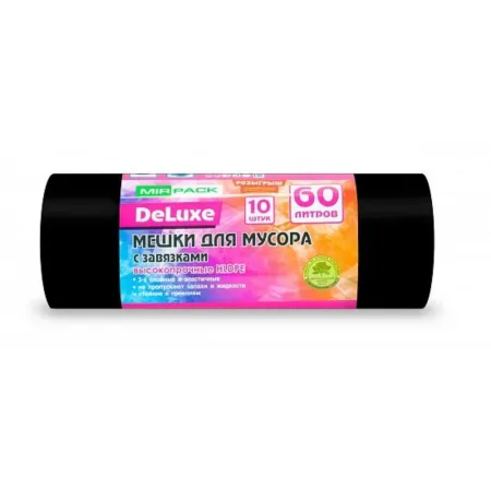 Мешки для мусора 60л ПНД 10шт 35мкм с завязками MIRPACK deluxe